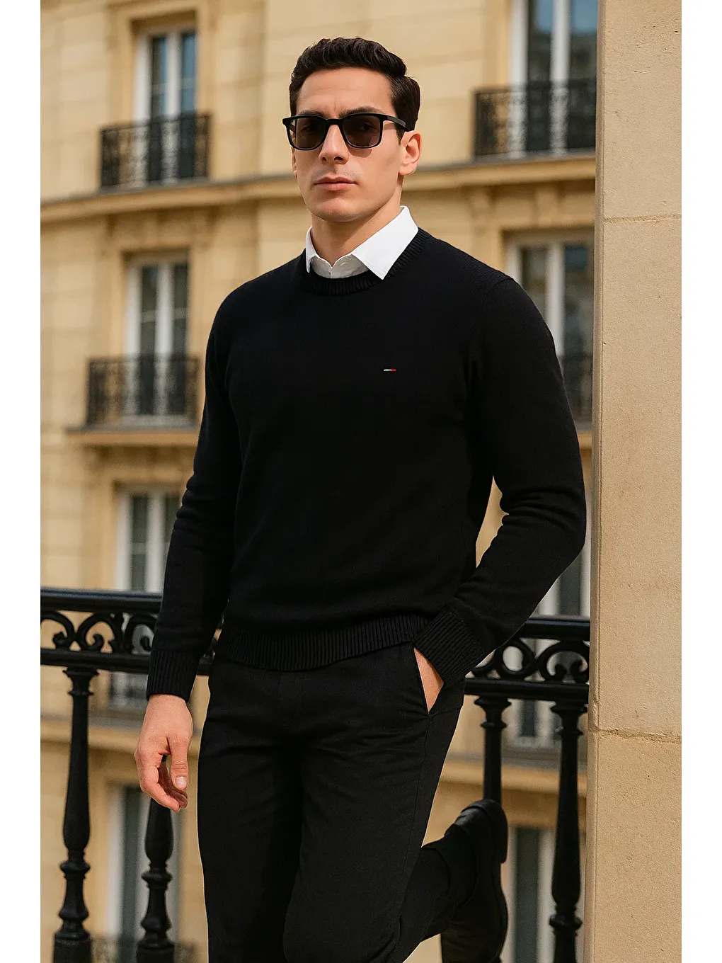 Erkek Kışlık Günlük Bisiklet Yaka Siyah Kazak-2