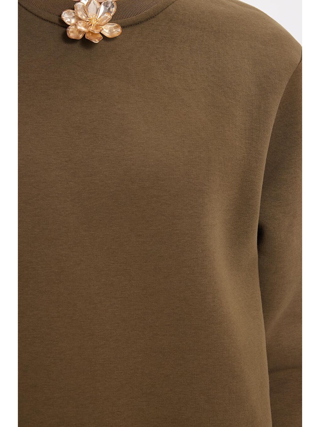 Kadın Oversize Geniş Kesim Pamuklu 3 İplik İçi Polarlı Basic Yeşil Bisiklet Yaka Sweatshirt-2