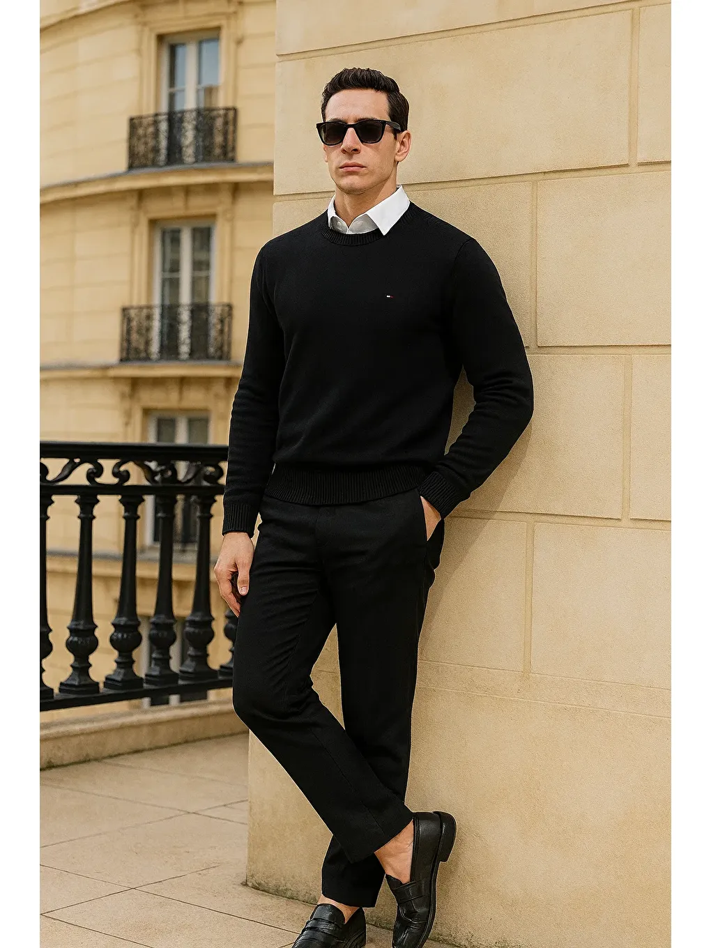 Erkek Kışlık Günlük Bisiklet Yaka Siyah Kazak-3