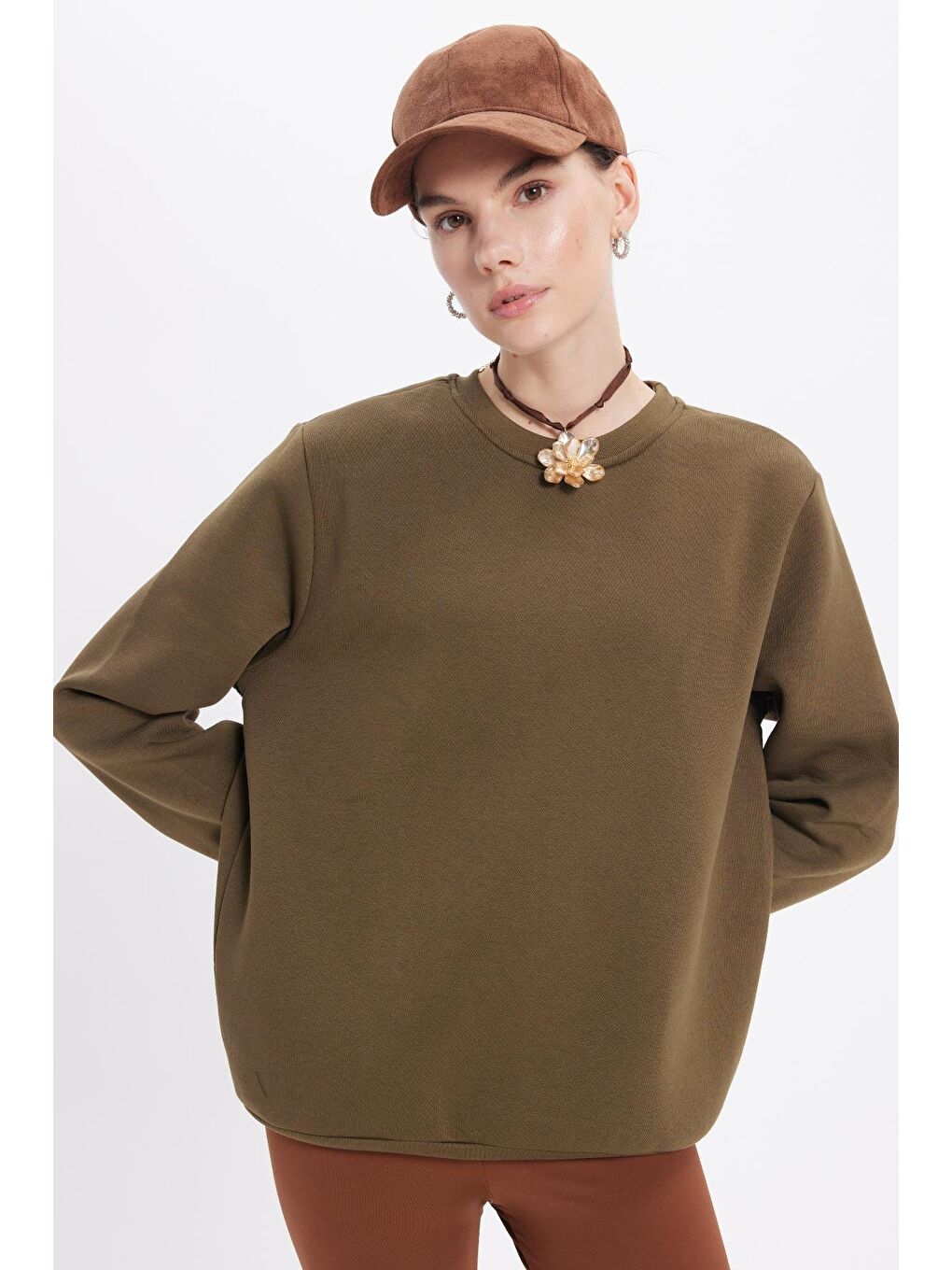 Kadın Oversize Geniş Kesim Pamuklu 3 İplik İçi Polarlı Basic Yeşil Bisiklet Yaka Sweatshirt-3