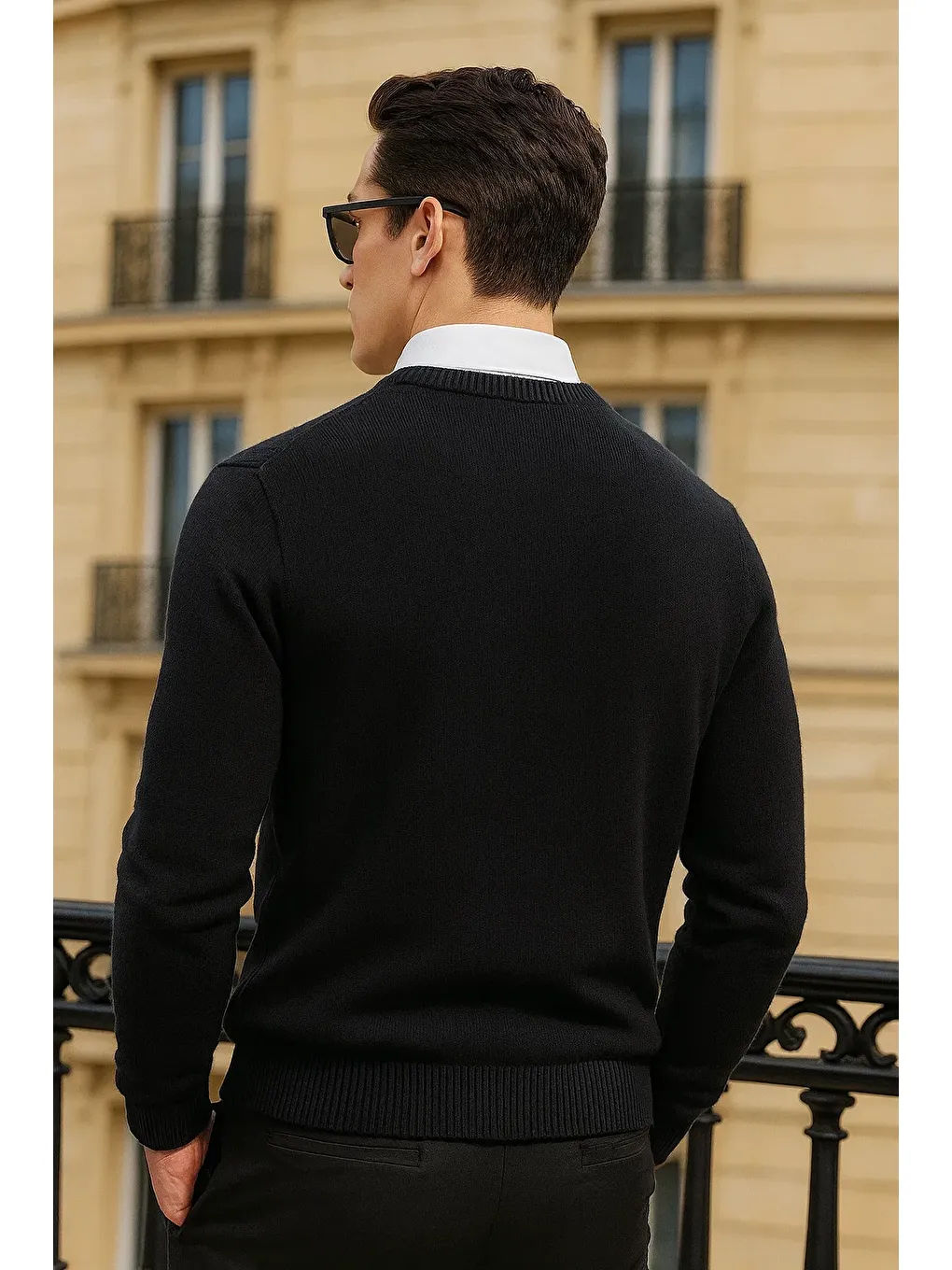 Erkek Kışlık Günlük Bisiklet Yaka Siyah Kazak-4