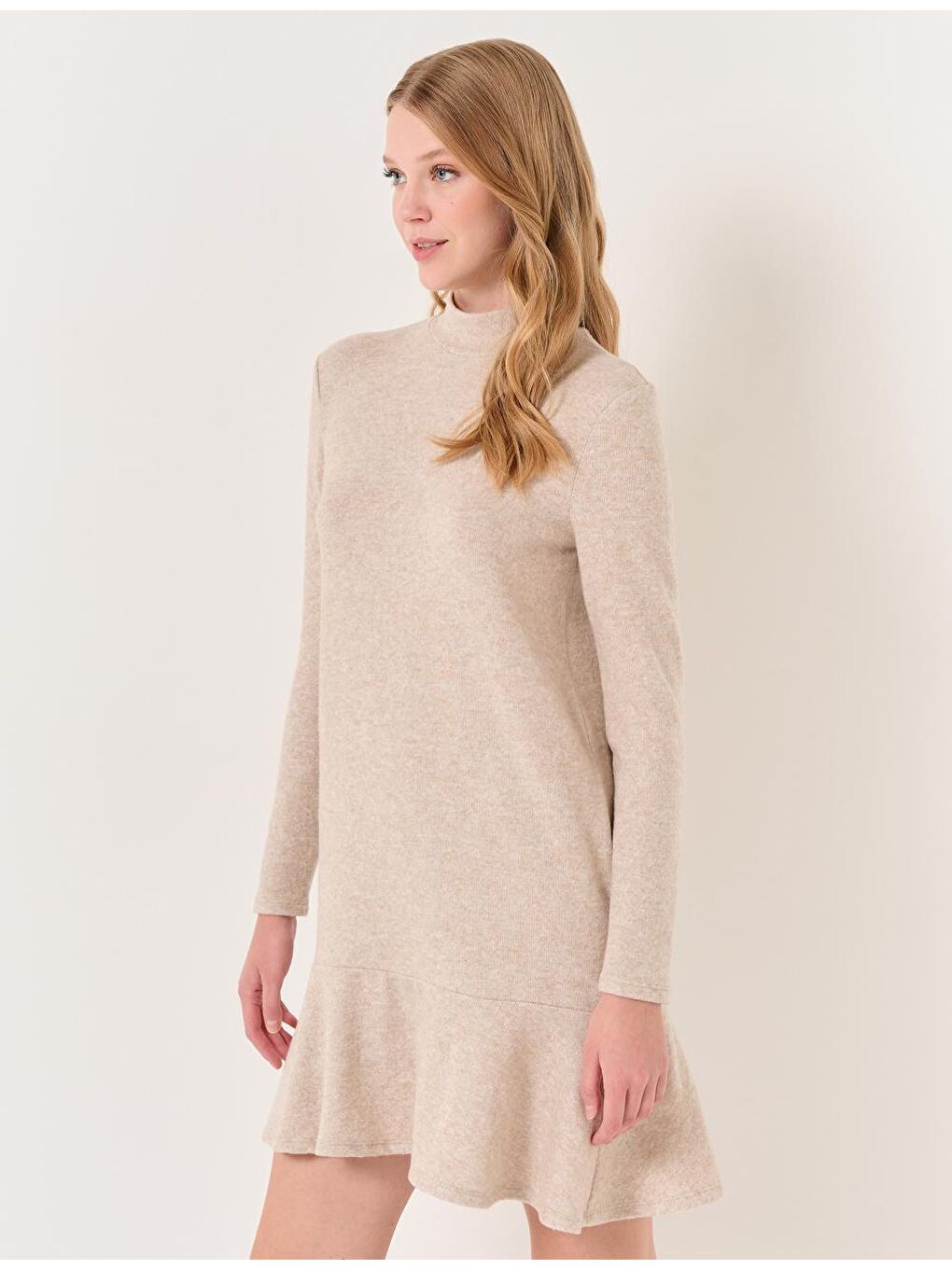 Bej Melanj Balıkçı Yaka Uzun Kollu Elbise-5