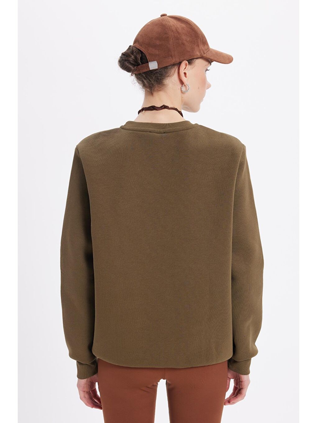 Kadın Oversize Geniş Kesim Pamuklu 3 İplik İçi Polarlı Basic Yeşil Bisiklet Yaka Sweatshirt-6