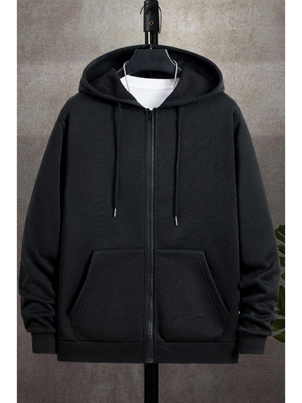 Unisex Relax Fit Rahat Kesim Pamuklu İçi Polarlı Çift Cepli Fermuarlı Siyah Kapüşonlu Sweatshirt-1