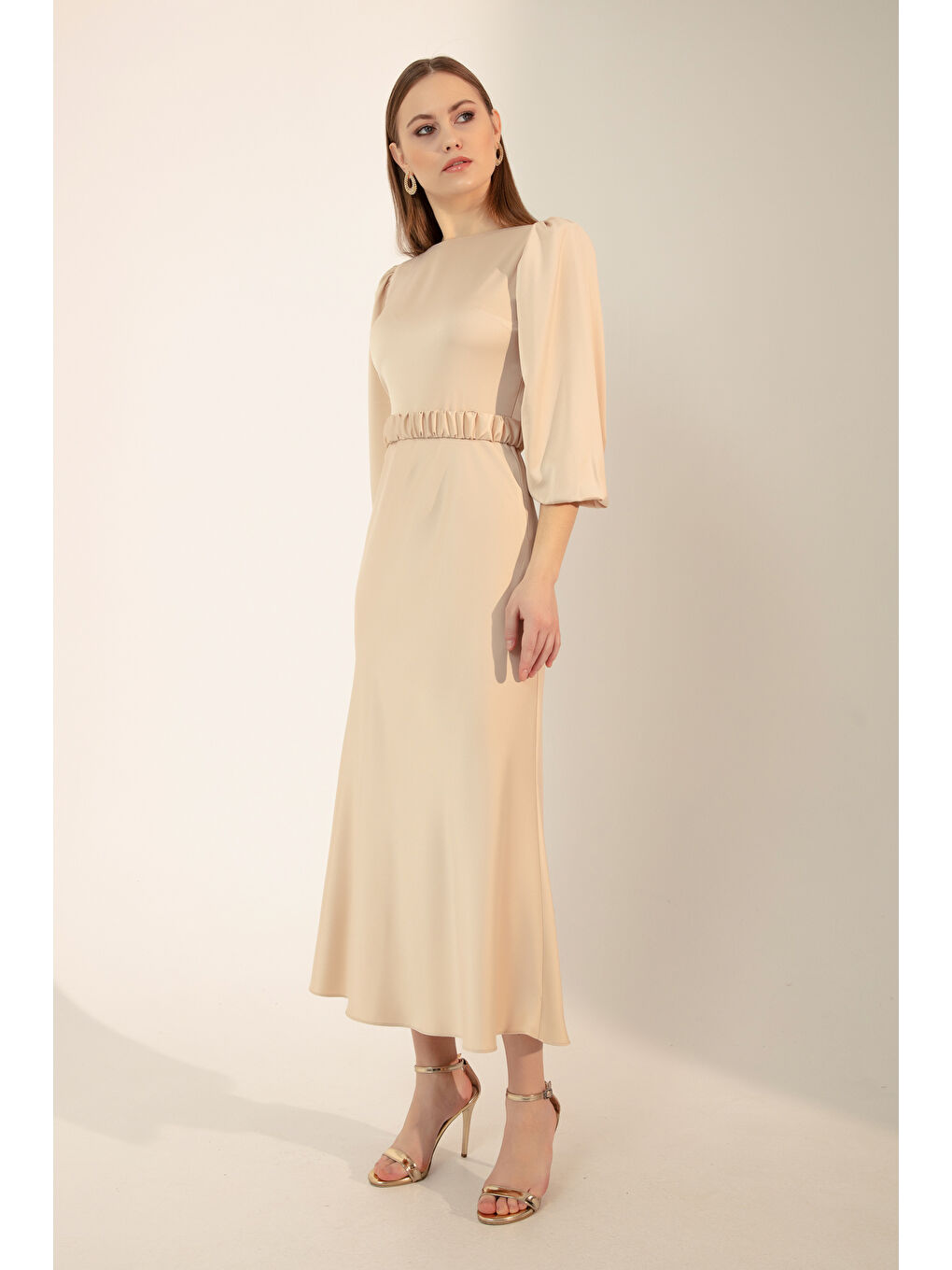 Kadın Ekru Uzun Balon Kollu Nişan Elbisesi-2