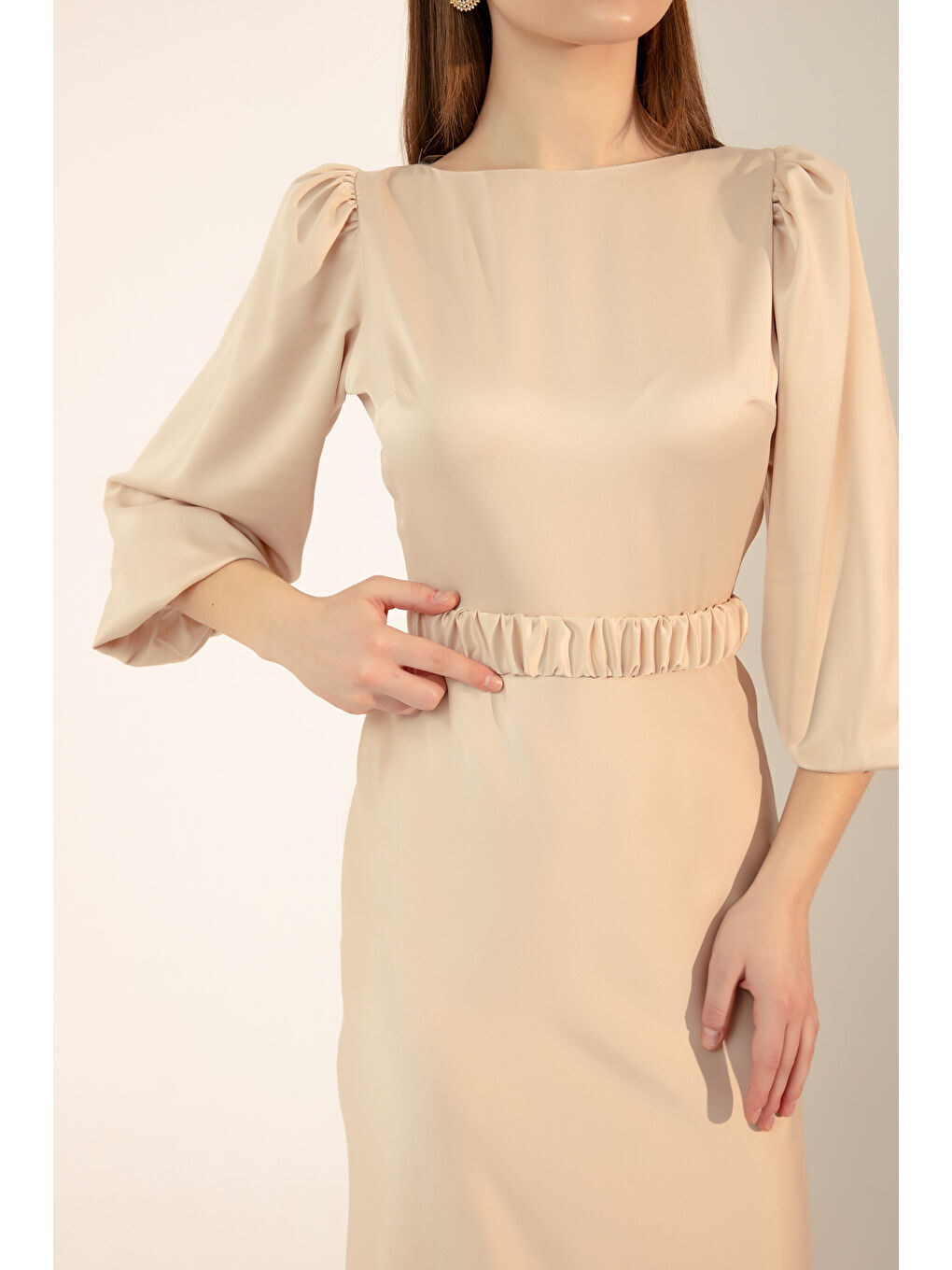 Kadın Ekru Uzun Balon Kollu Nişan Elbisesi-3