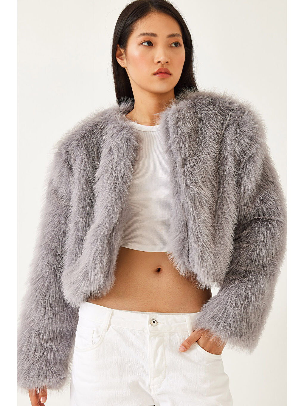 Gri Kadın Suni Kürkllü Astarlı Mont-1