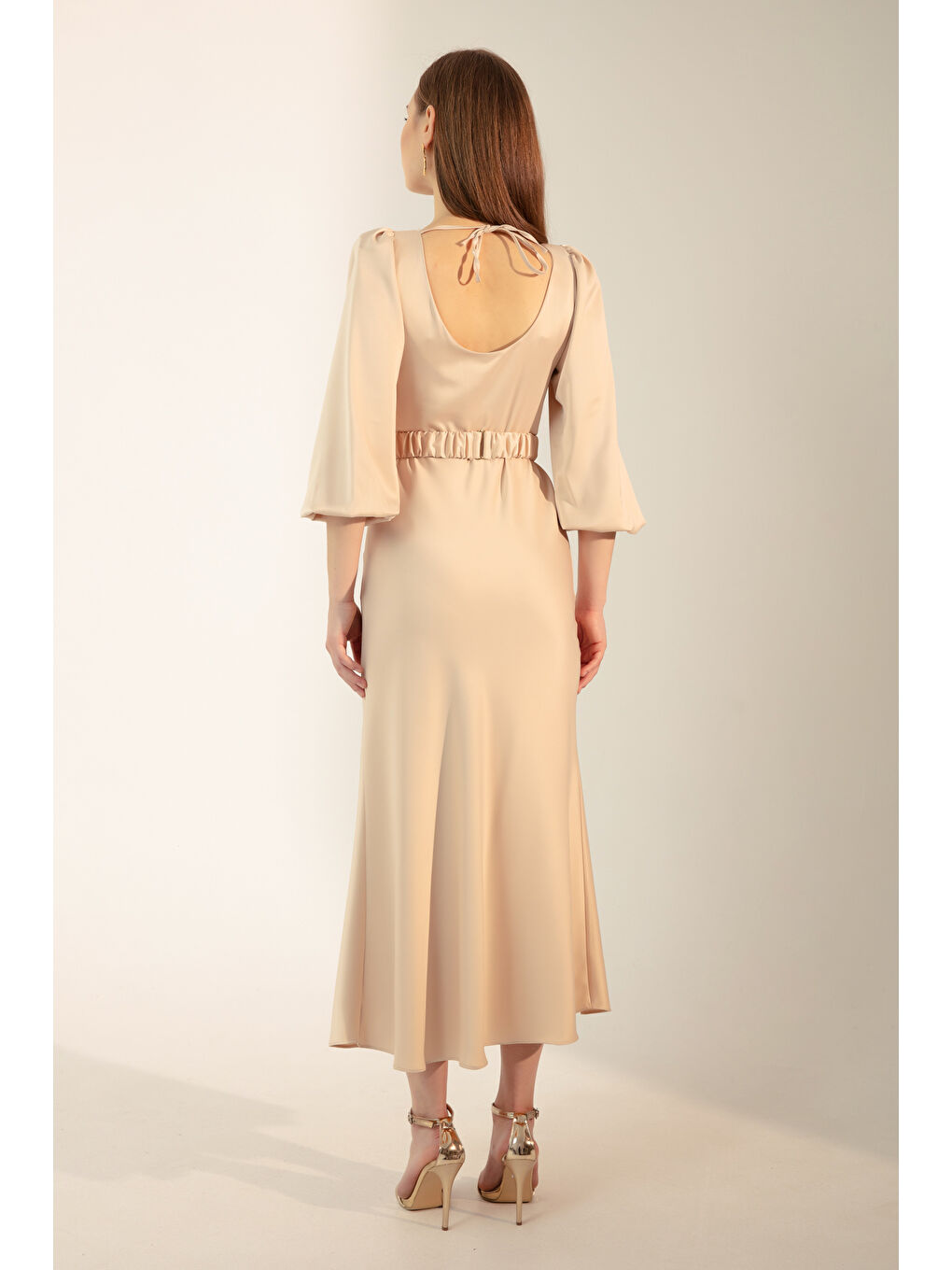 Kadın Ekru Uzun Balon Kollu Nişan Elbisesi-4