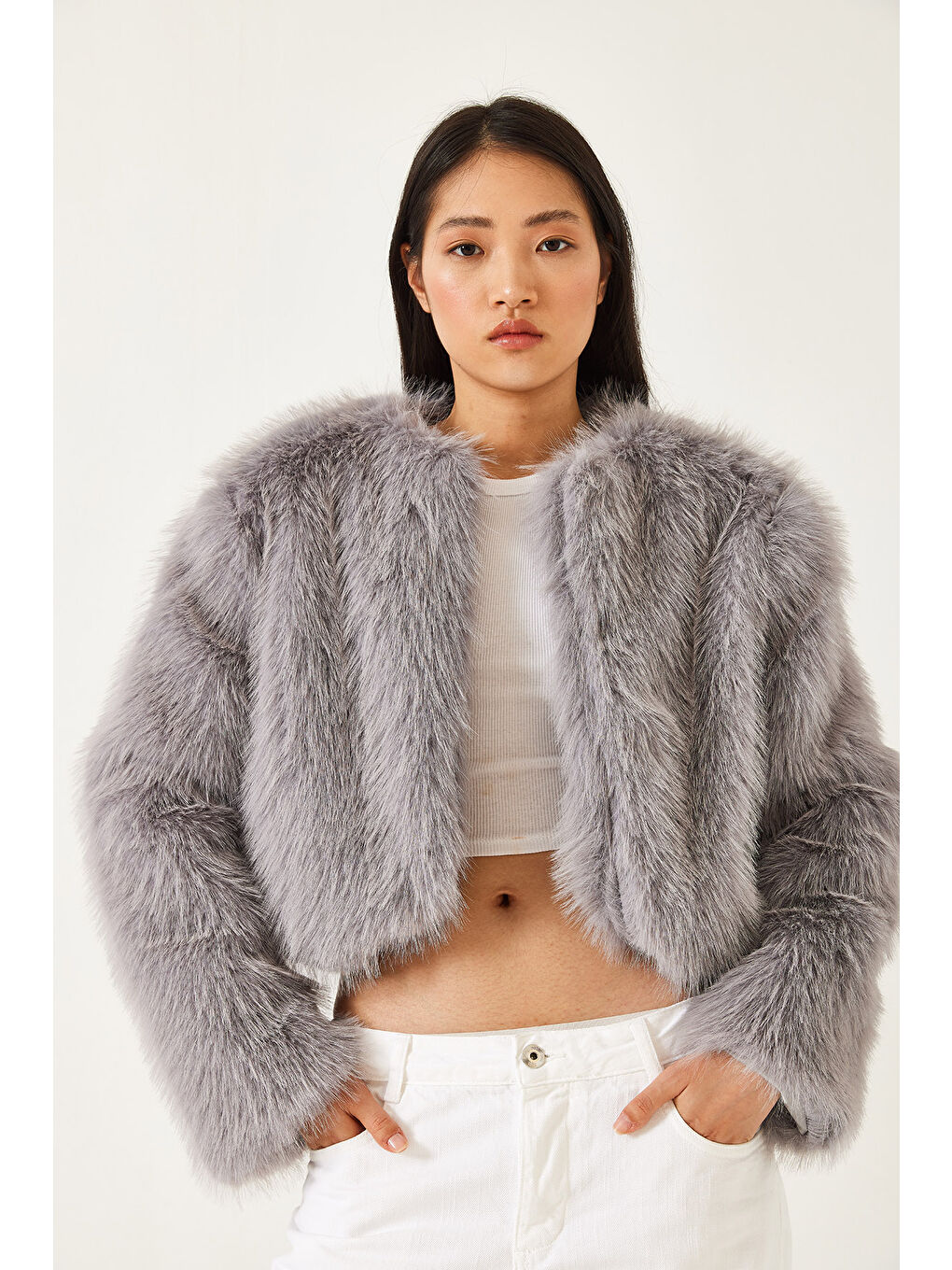 Gri Kadın Suni Kürkllü Astarlı Mont-2