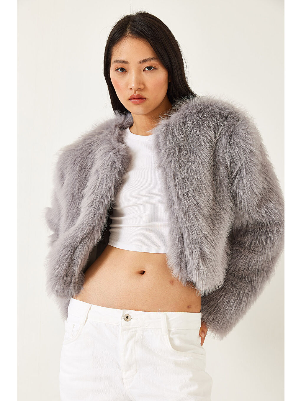 Gri Kadın Suni Kürkllü Astarlı Mont-3