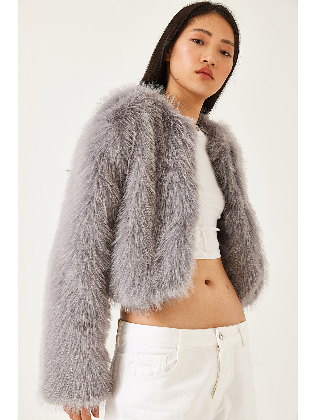 Gri Kadın Suni Kürkllü Astarlı Mont-4