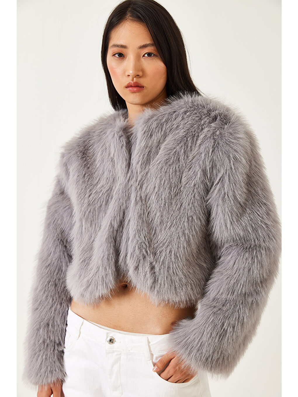 Gri Kadın Suni Kürkllü Astarlı Mont-5