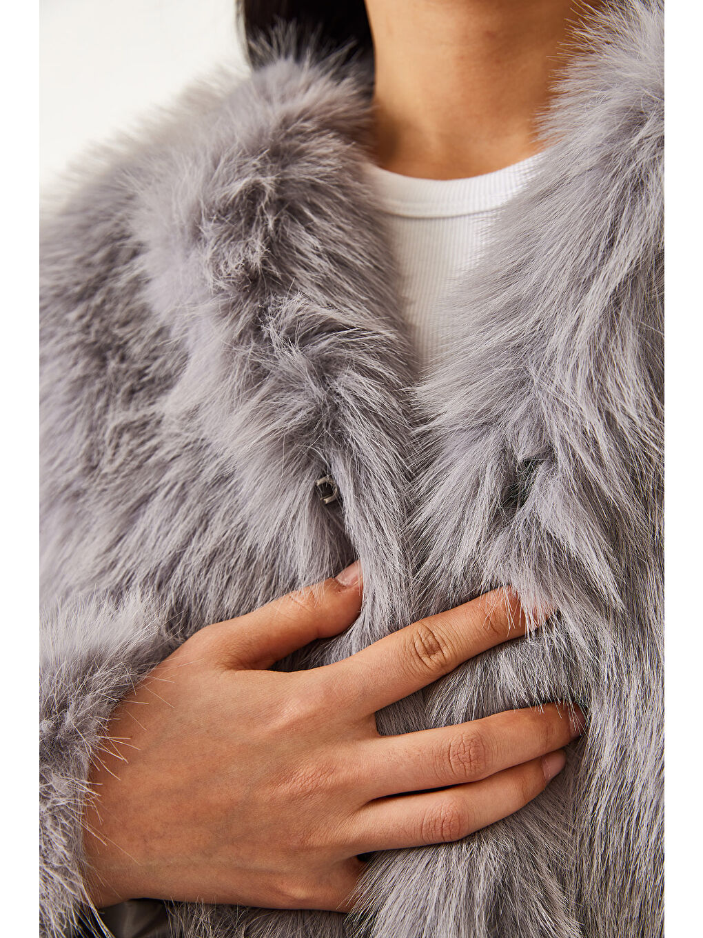 Gri Kadın Suni Kürkllü Astarlı Mont-6