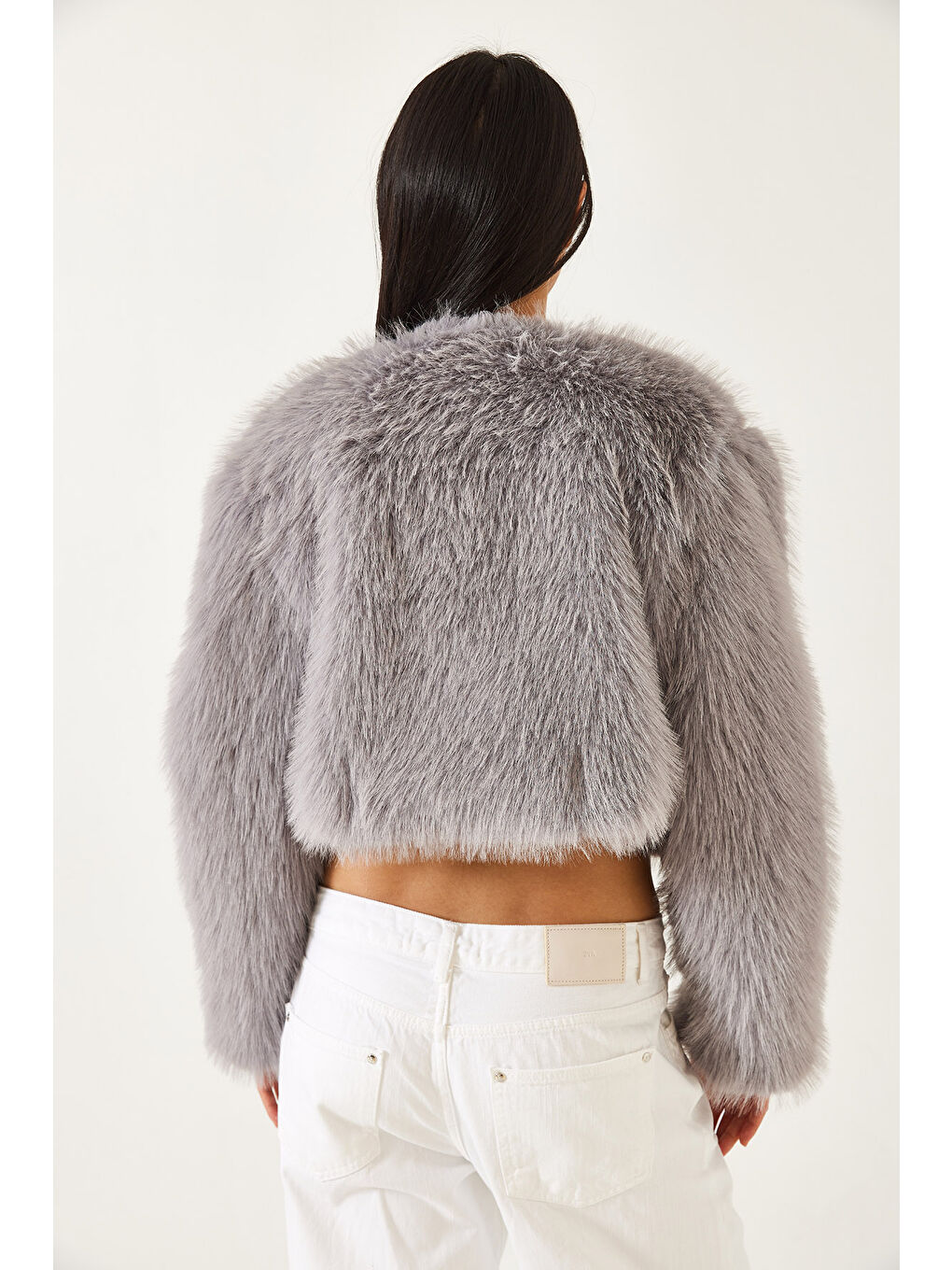 Gri Kadın Suni Kürkllü Astarlı Mont-7