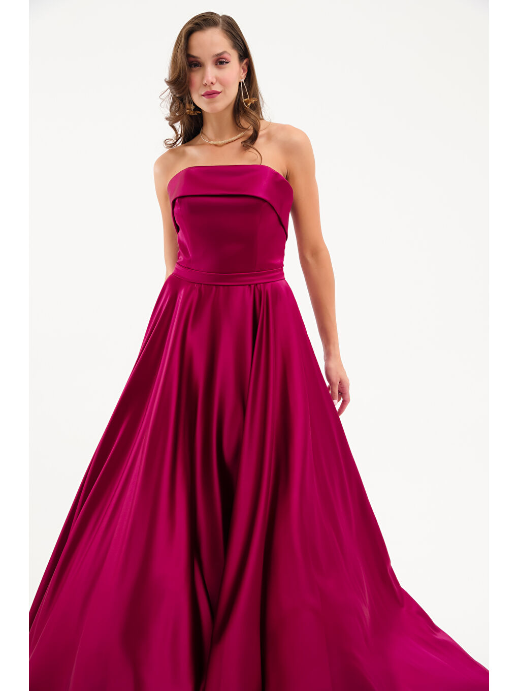 Kadın Mürdüm Straplez Saten Kloş Abiye Elbise-1