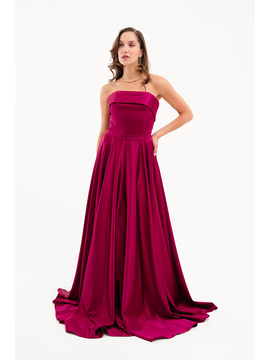 Kadın Mürdüm Straplez Saten Kloş Abiye Elbise-2