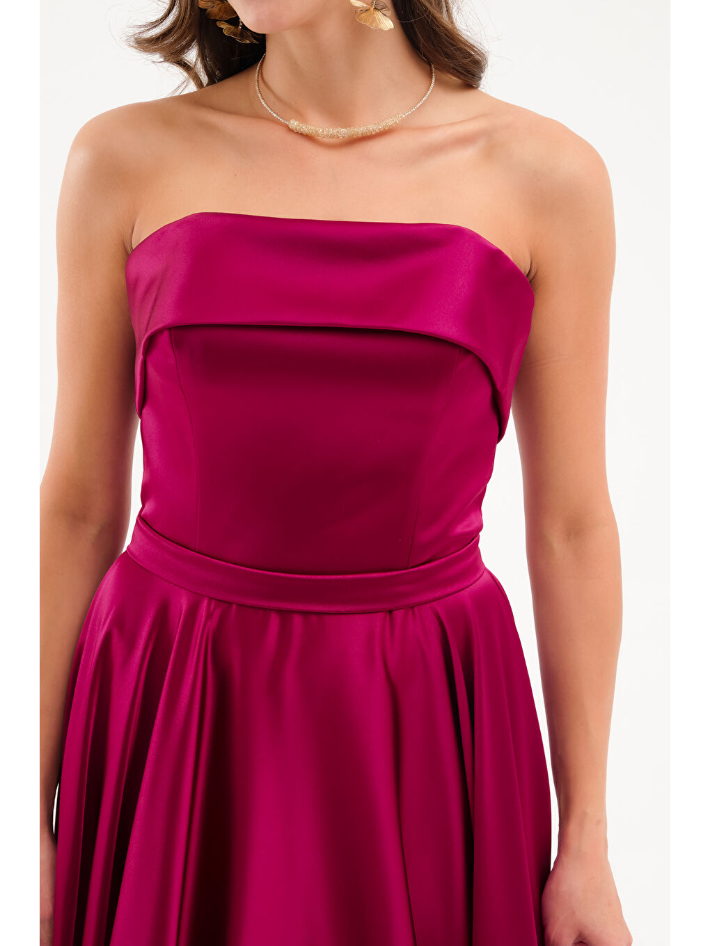 Kadın Mürdüm Straplez Saten Kloş Abiye Elbise-3