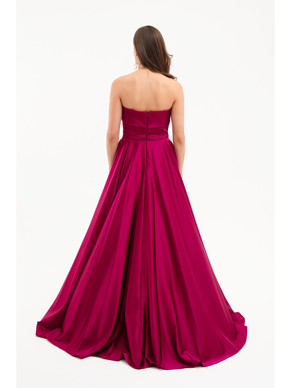 Kadın Mürdüm Straplez Saten Kloş Abiye Elbise-4