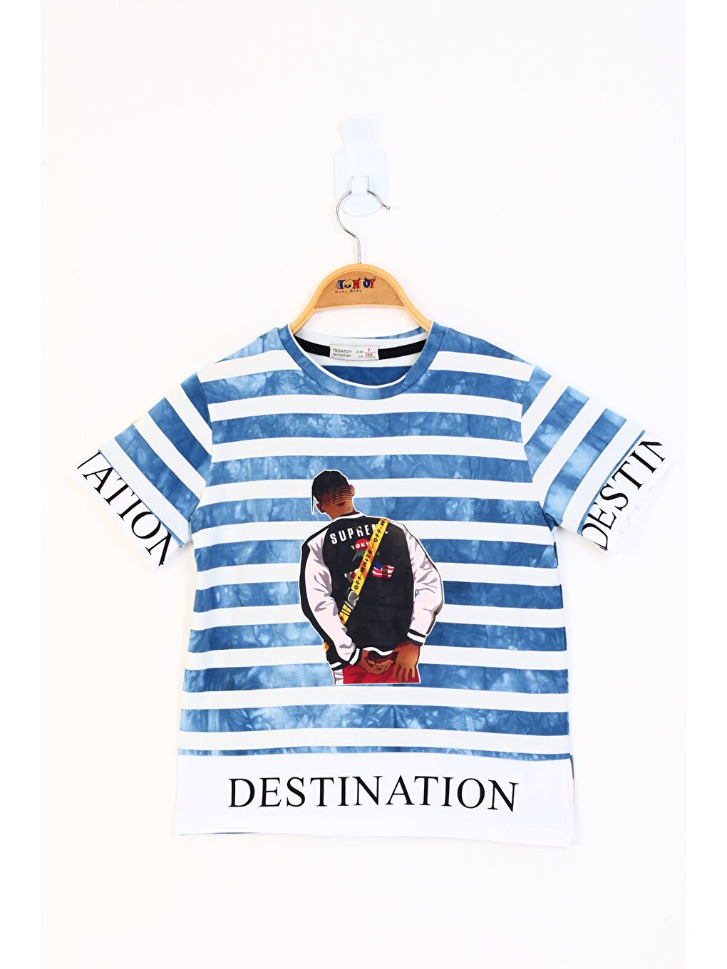 Mavi Erkek Çocuk Komple Çizgi Desenli Baskılı Tişört-1