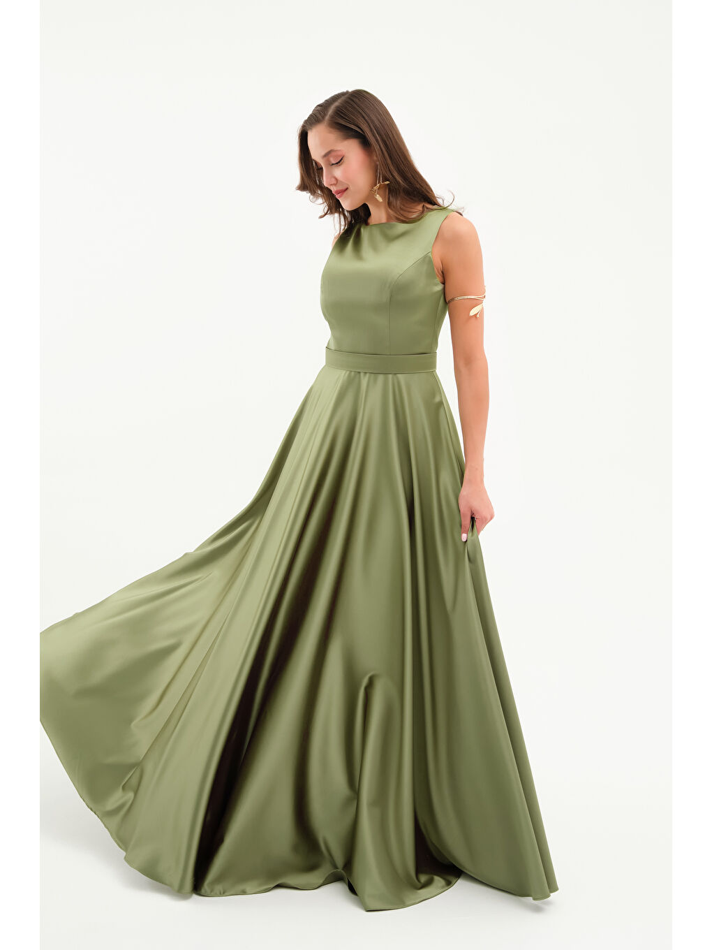 Kadın Haki Kalın Askılı Saten Uzun Abiye Elbise