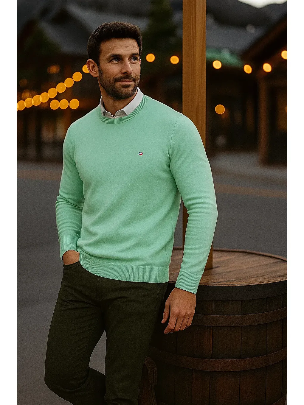 Yeşil Erkek Basic Kışlık Uzun Mint Kazak-2