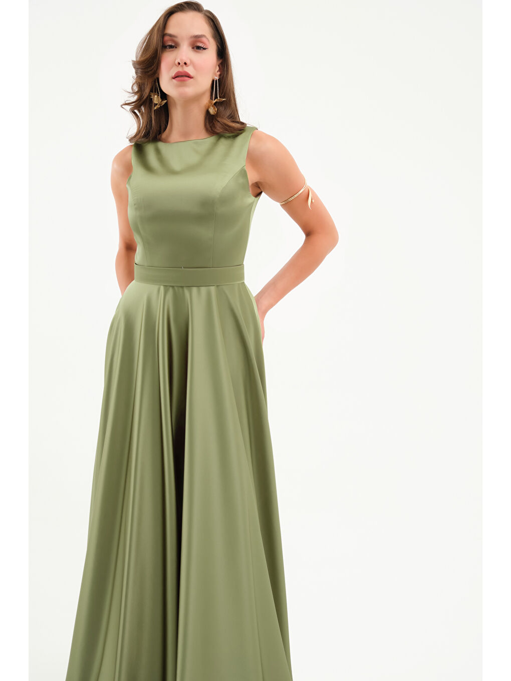 Kadın Haki Kalın Askılı Saten Uzun Abiye Elbise-1