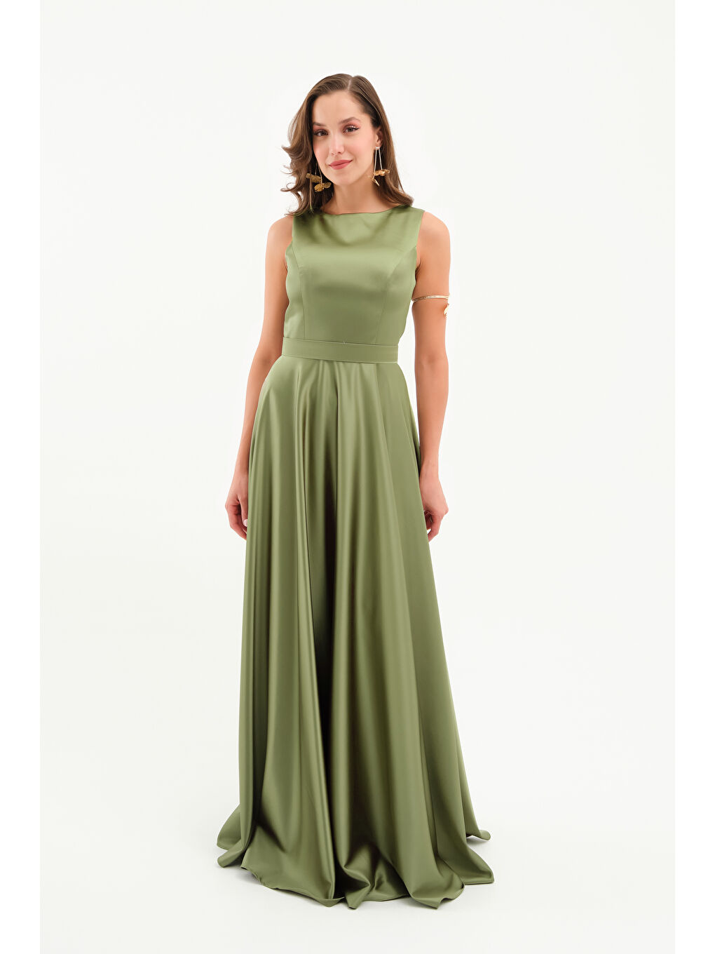 Kadın Haki Kalın Askılı Saten Uzun Abiye Elbise-2
