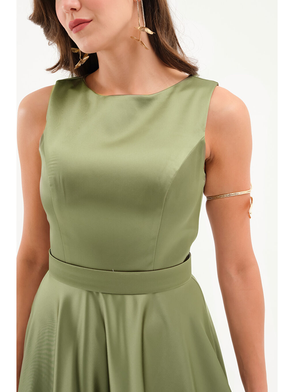 Kadın Haki Kalın Askılı Saten Uzun Abiye Elbise-3