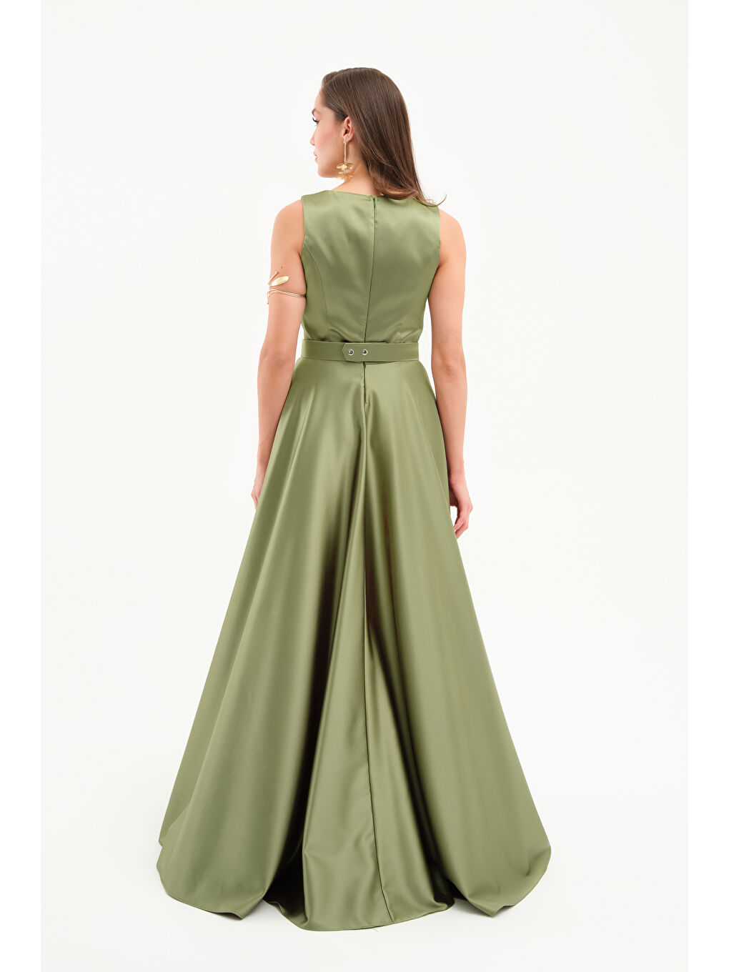 Kadın Haki Kalın Askılı Saten Uzun Abiye Elbise-4