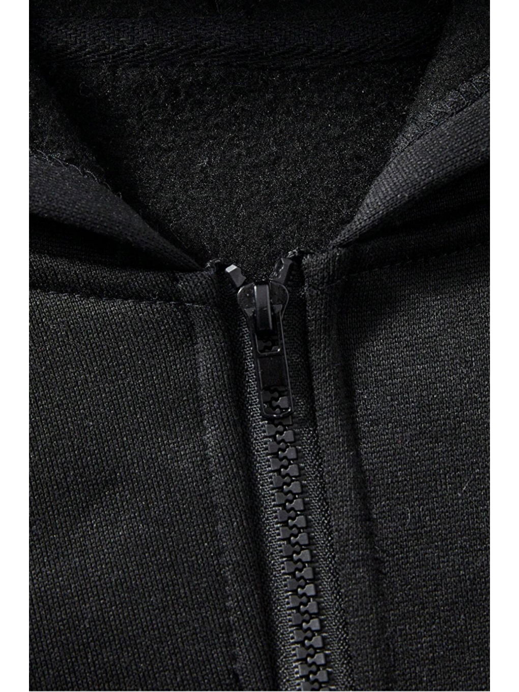 Unisex Relax Fit Rahat Kesim Pamuklu İçi Polarlı Çift Cepli Fermuarlı Siyah Kapüşonlu Sweatshirt-2