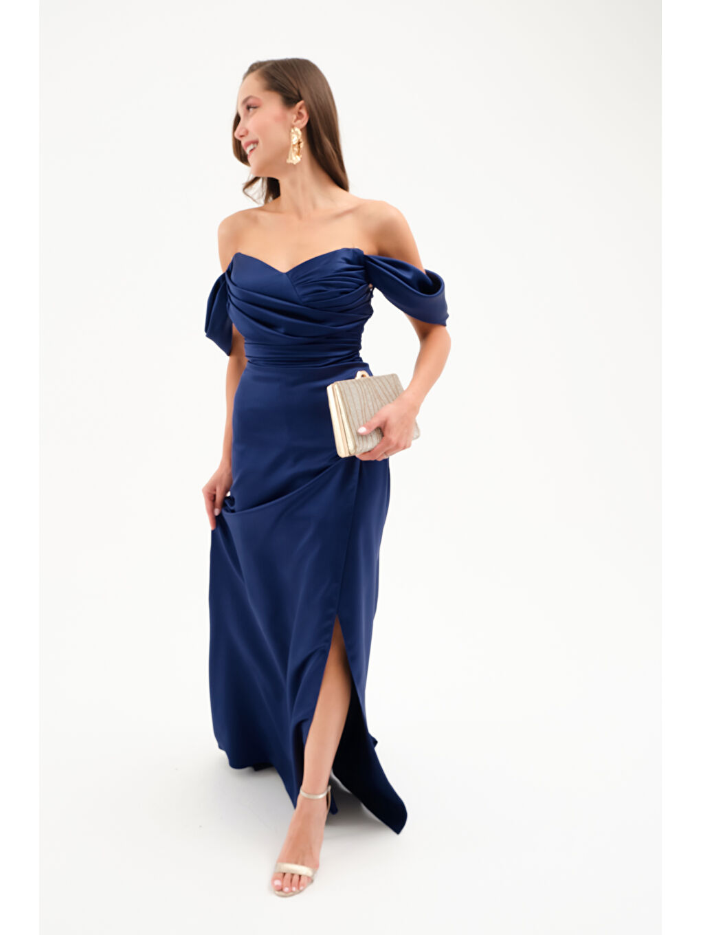 Kadın Lacivert Kayık Yaka Yırtmaçlı Söz Nişan Nikah Abiye Elbise-1