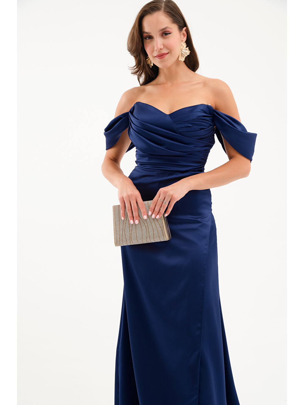 Kadın Lacivert Kayık Yaka Yırtmaçlı Söz Nişan Nikah Abiye Elbise-2