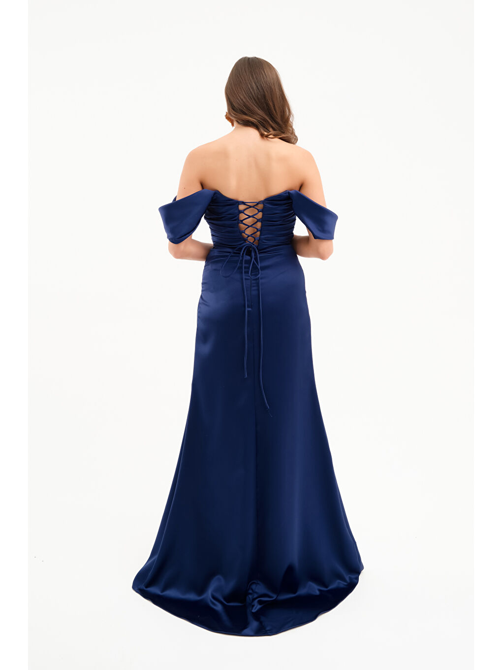 Kadın Lacivert Kayık Yaka Yırtmaçlı Söz Nişan Nikah Abiye Elbise-4