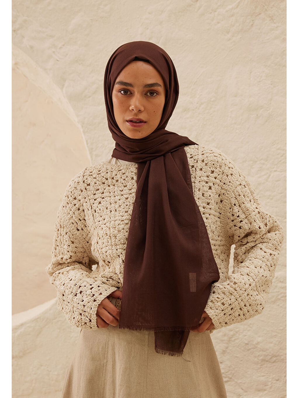 Kahverengi İnce Pamuk Vual Şal Kahve Çekirdeği-1