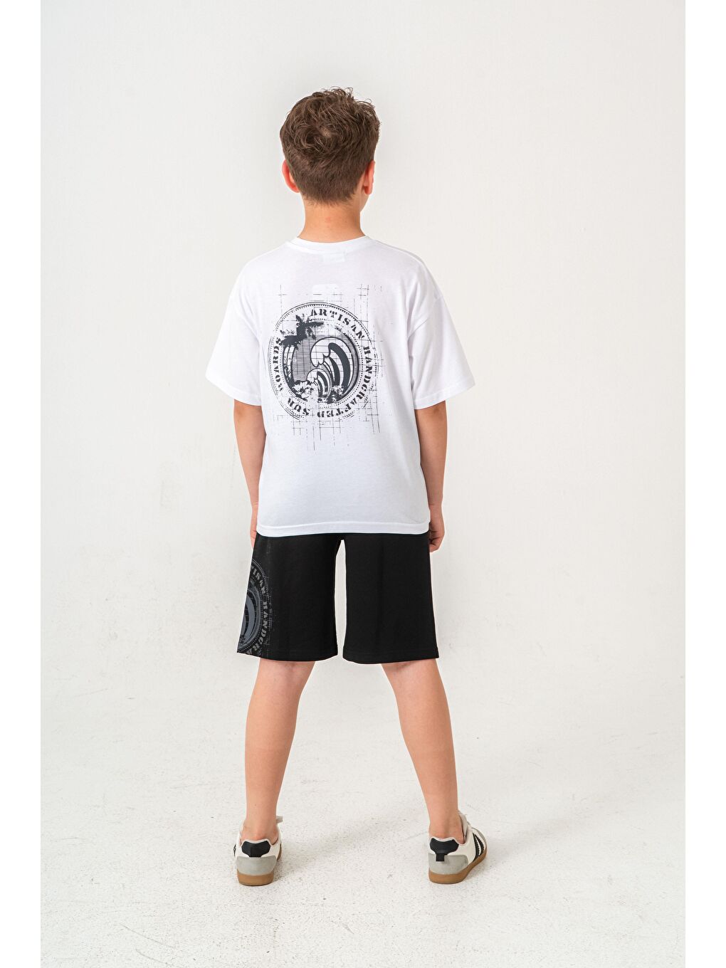 Beyaz Ust Cepli Ust Cep Baskılı Arka Baskılı Erkek Çocuk Şort - Tişört Takımı-4