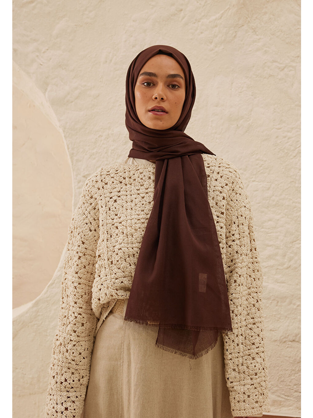 Kahverengi İnce Pamuk Vual Şal Kahve Çekirdeği-3
