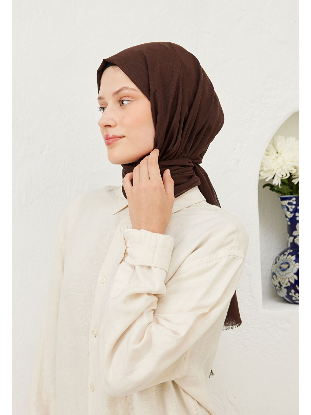 Kahverengi İnce Pamuk Vual Şal Kahve Çekirdeği-4