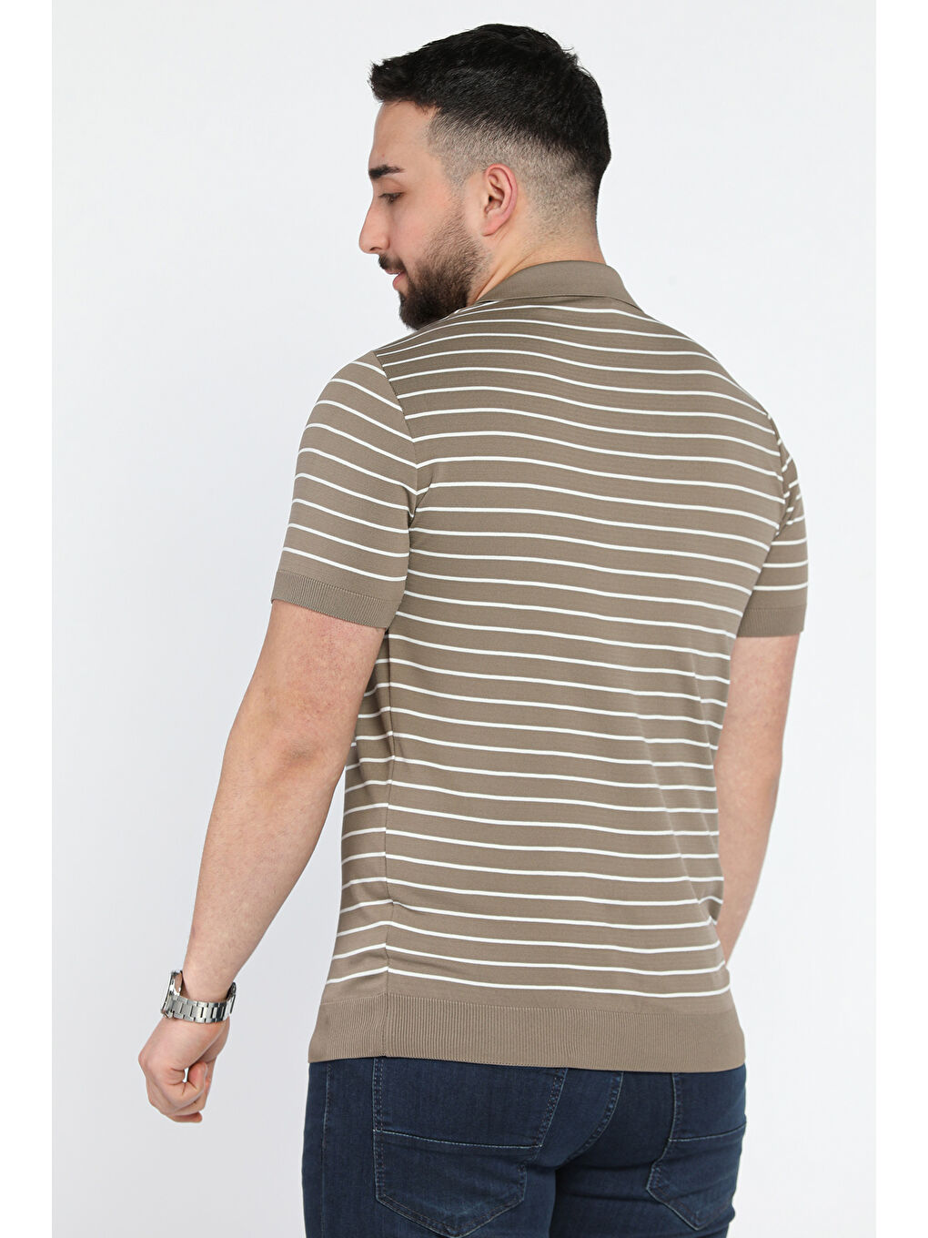 Bej Erkek Polo Yaka Çizgi Desenli Yarım Fermuarlı Triko Tişört-2