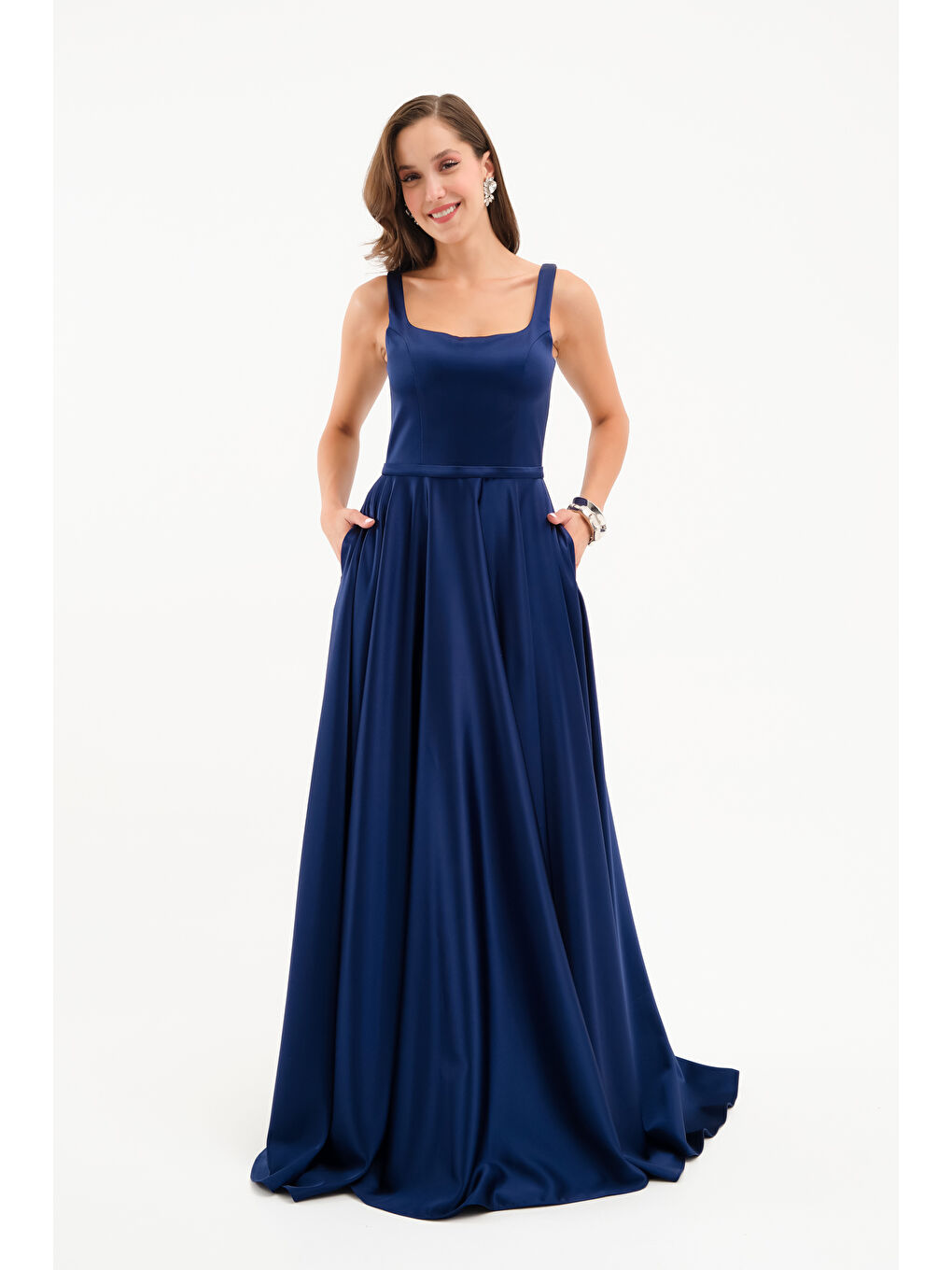 Kadın Lacivert Askılı İp Bağlama Detay Uzun Saten Abiye Elbise-2