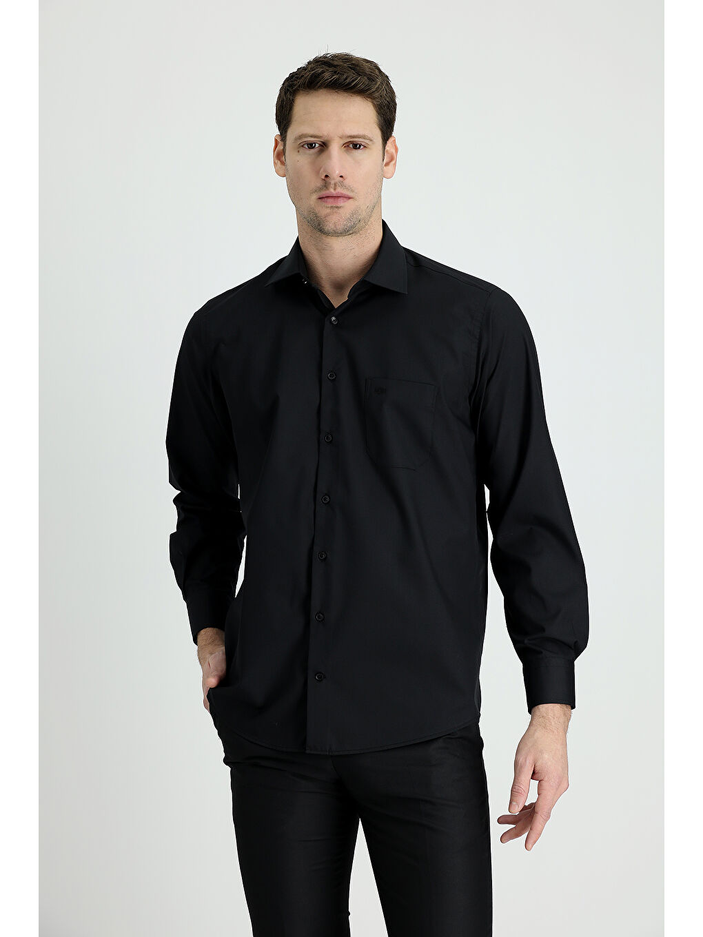Siyah Uzun Kol Non Iron Klasik Pamuklu Kolay Ütülenebilir Gömlek-1