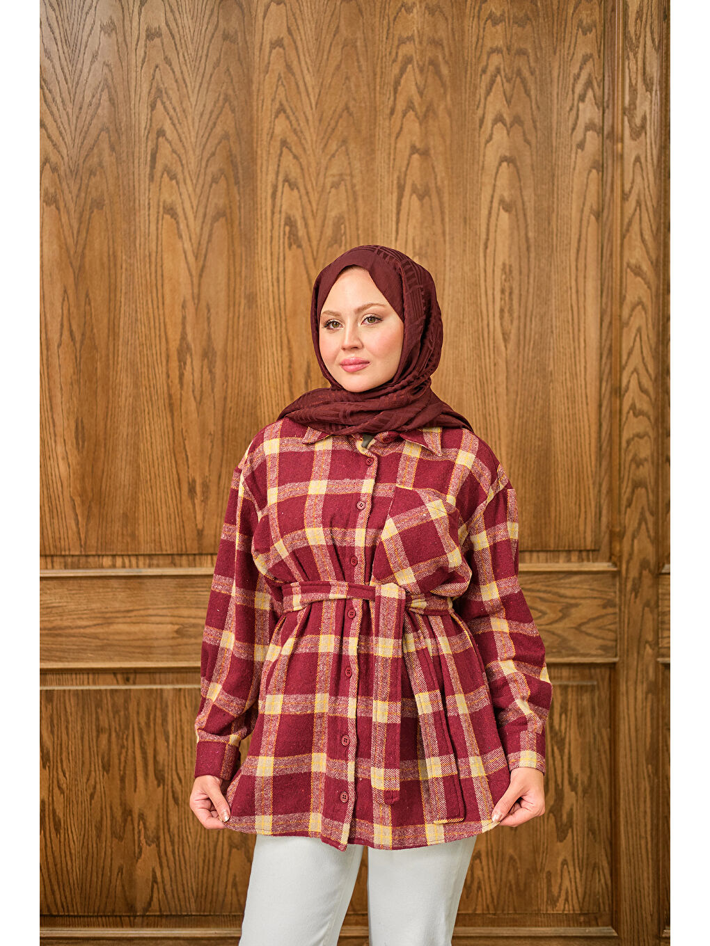 Kadın Ekose Desen Gömlek Bordo-1