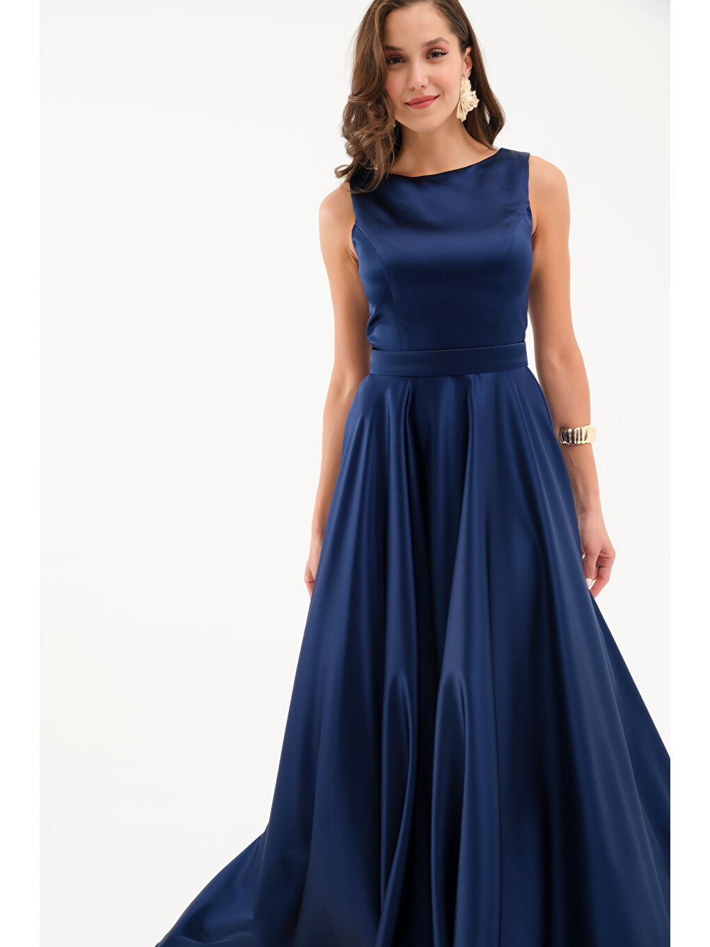 Kadın Lacivert Kalın Askılı Saten Uzun Abiye Elbise-1