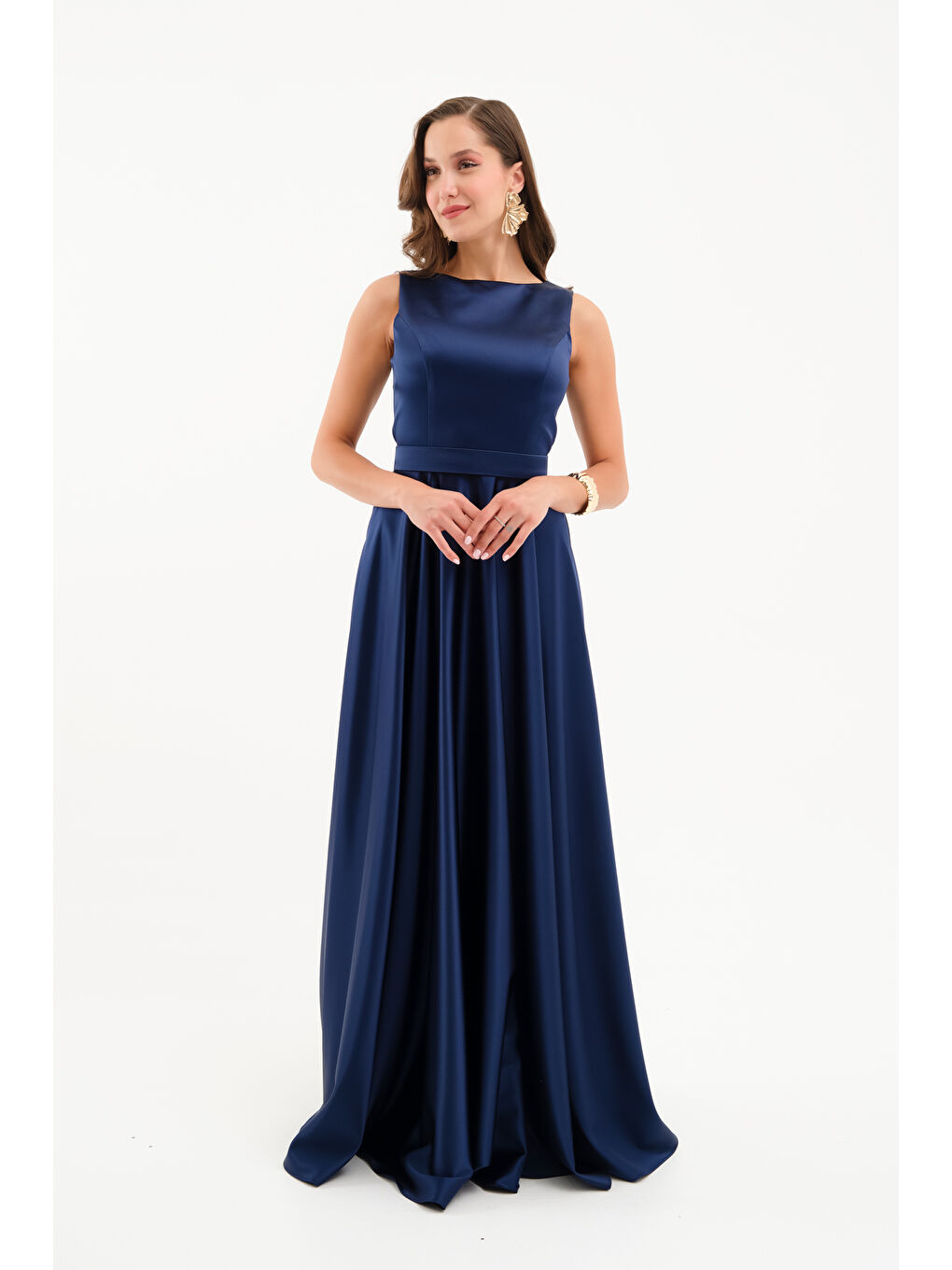 Kadın Lacivert Kalın Askılı Saten Uzun Abiye Elbise-2