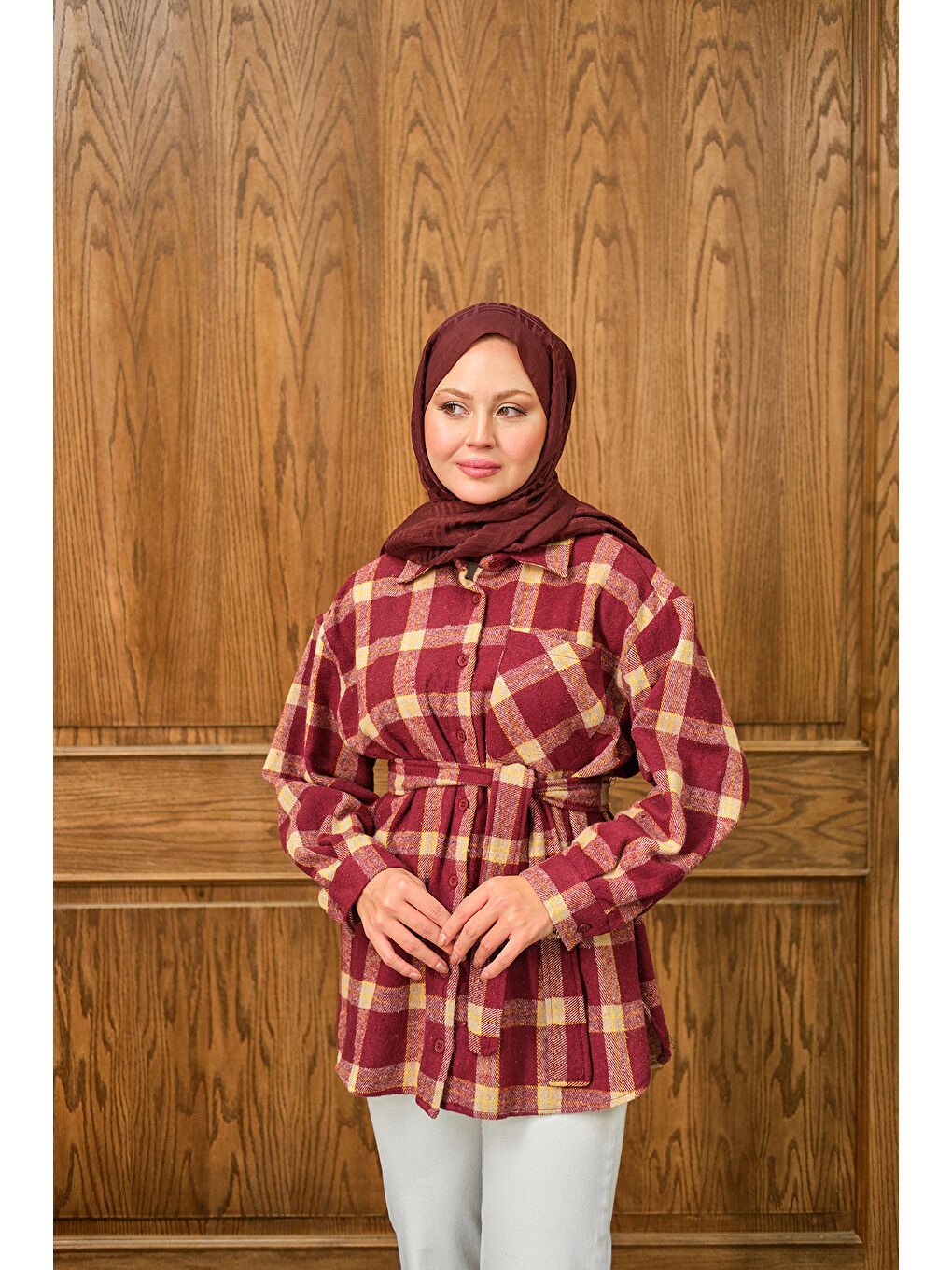 Kadın Ekose Desen Gömlek Bordo-2