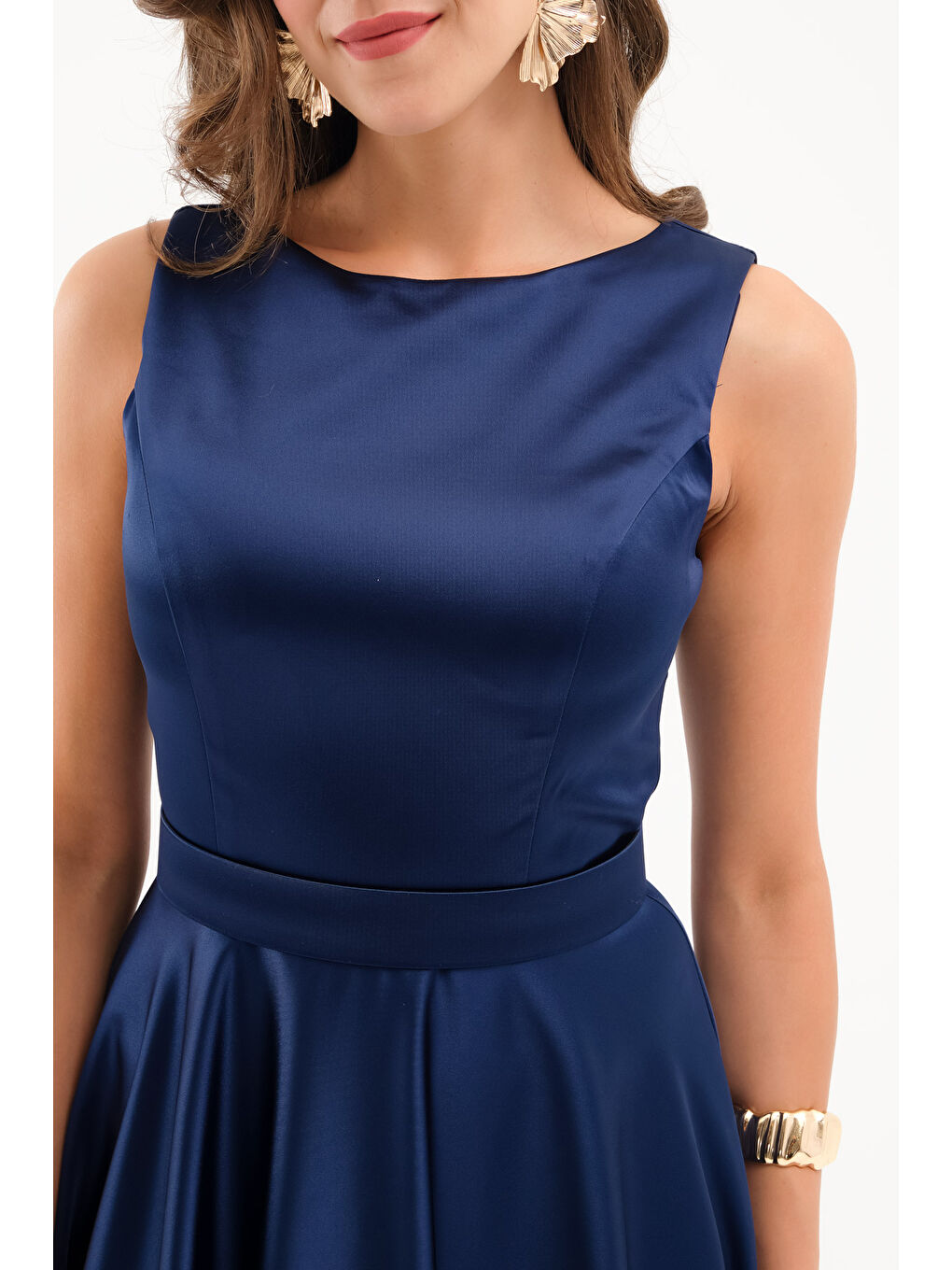 Kadın Lacivert Kalın Askılı Saten Uzun Abiye Elbise-3