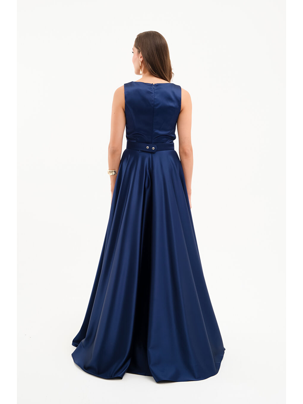 Kadın Lacivert Kalın Askılı Saten Uzun Abiye Elbise-4