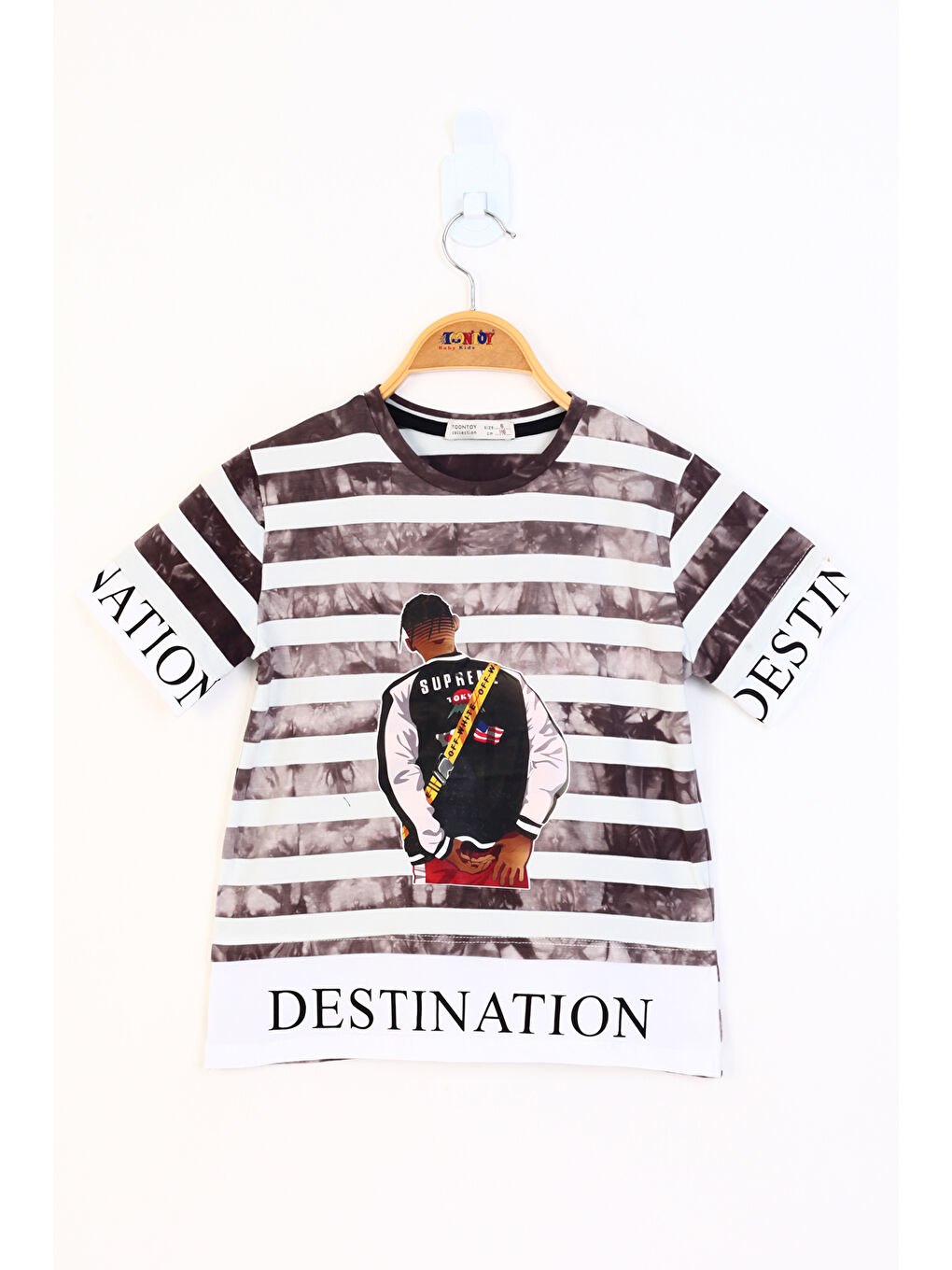 Kahverengi Erkek Çocuk Komple Çizgi Desenli Baskılı Tişört-1