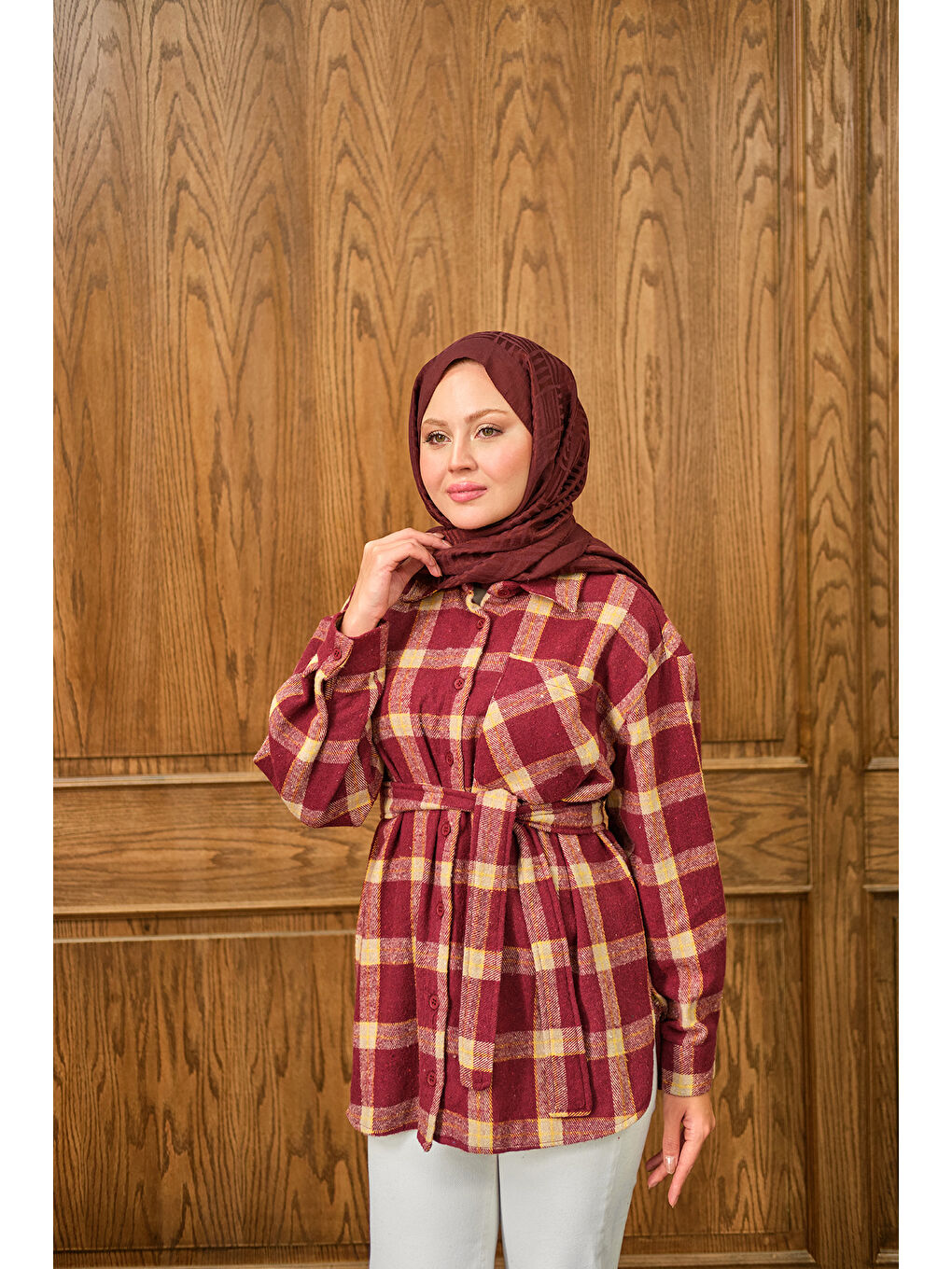 Kadın Ekose Desen Gömlek Bordo-3