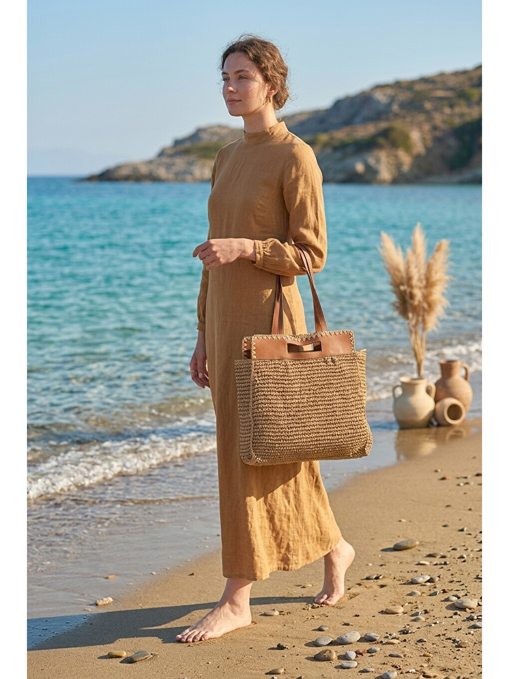 Ekru Deri Üst Detaylı Camel Hasır Çanta Cnt2605-1