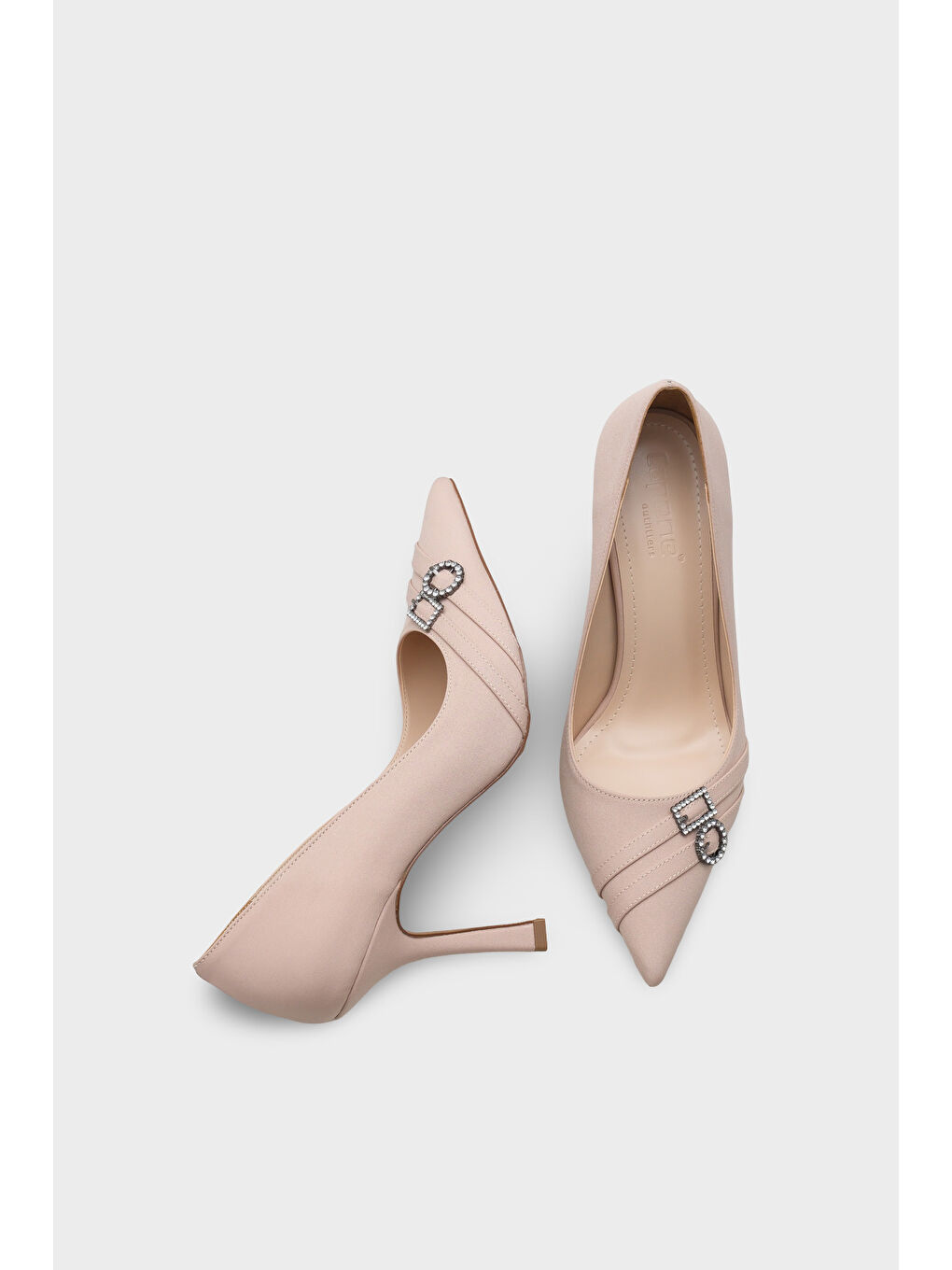 Bej Karyl Yüksek Topuklu Taşlı Tokalı Saten Stiletto-4
